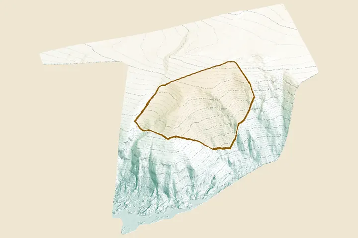 3D view of the LiDAR ground model for the clifftop plot, berwickshire coast, with the plot outlined in amber