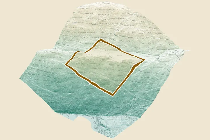 3D view of the LiDAR ground model for the steep rural plot, galloway, with the plot outlined in amber