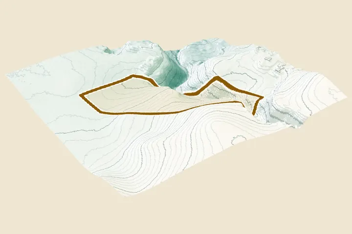 3D view of the LiDAR ground model for the hillside plot by a burn, strathtay, with the plot outlined in amber